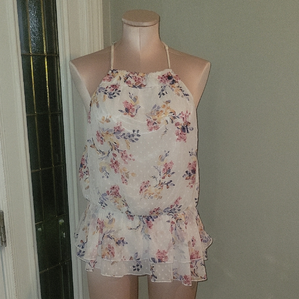 BKE Floral Halter Camisole in Cream and Pink
